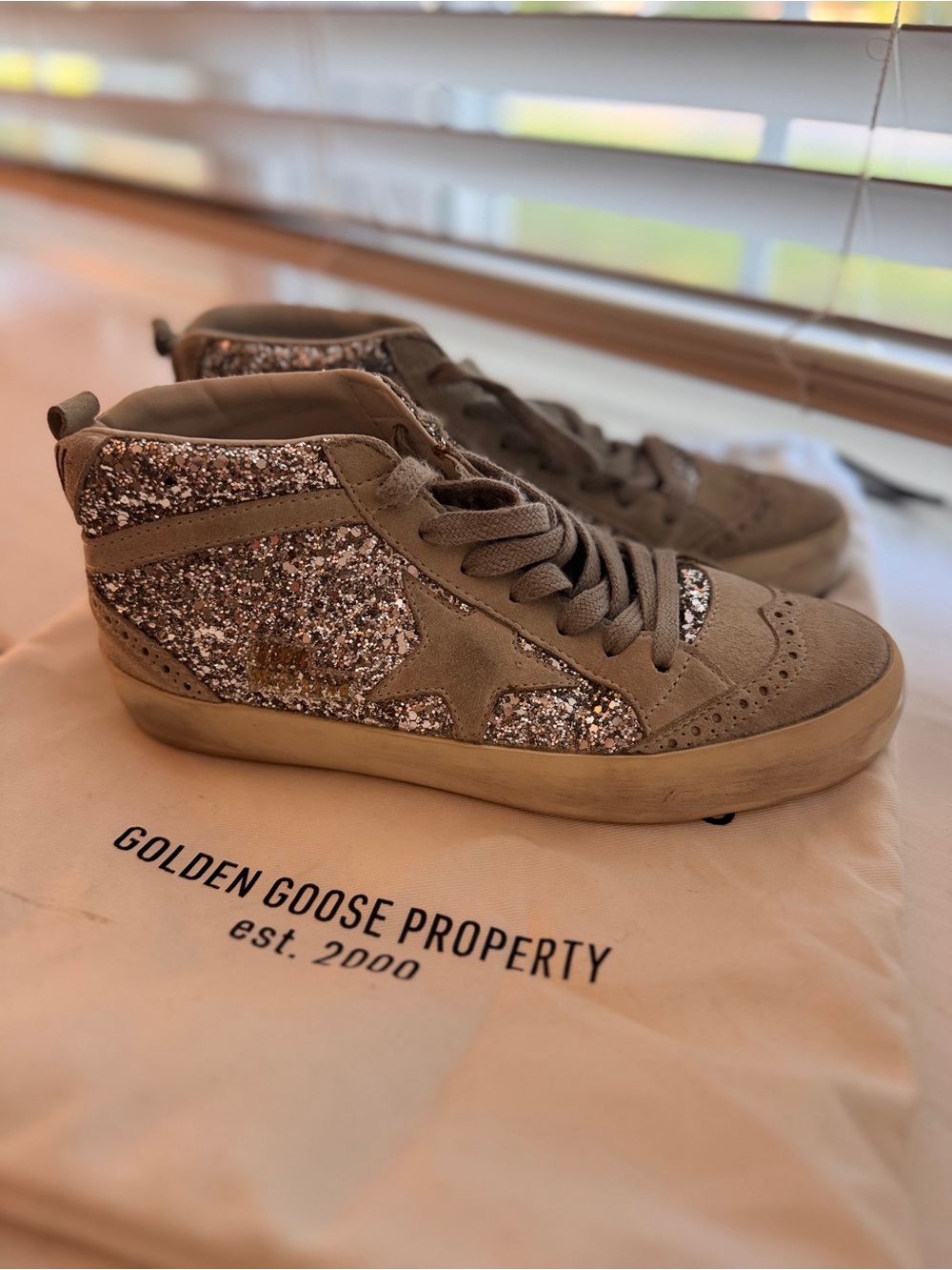 Like new- with box and bag. Golden Goose Women's Mid-Top Glitter Sneaker